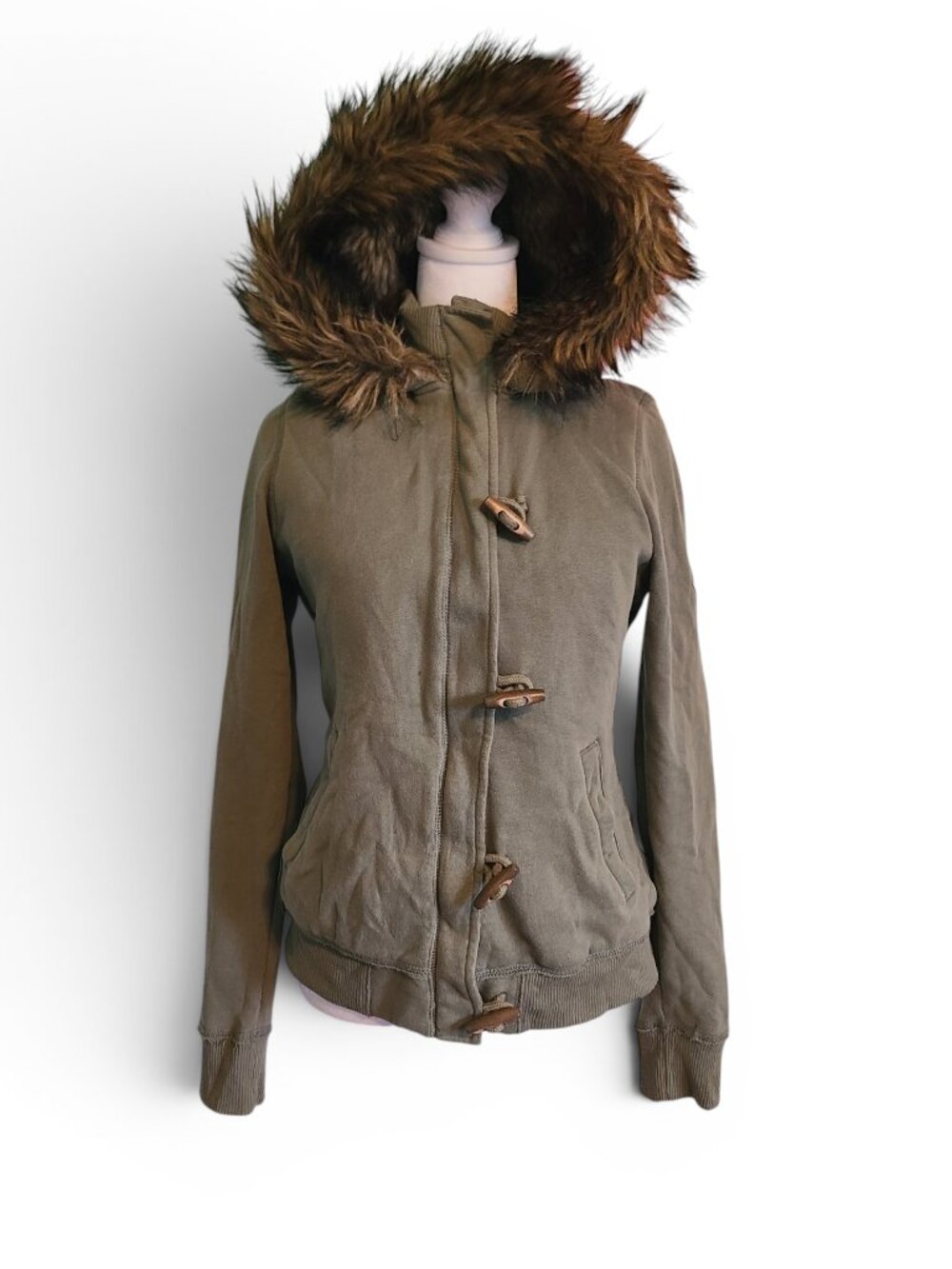 Hollister Olive Green Fur Trim Bomber Style Y2K Jacket Size Large